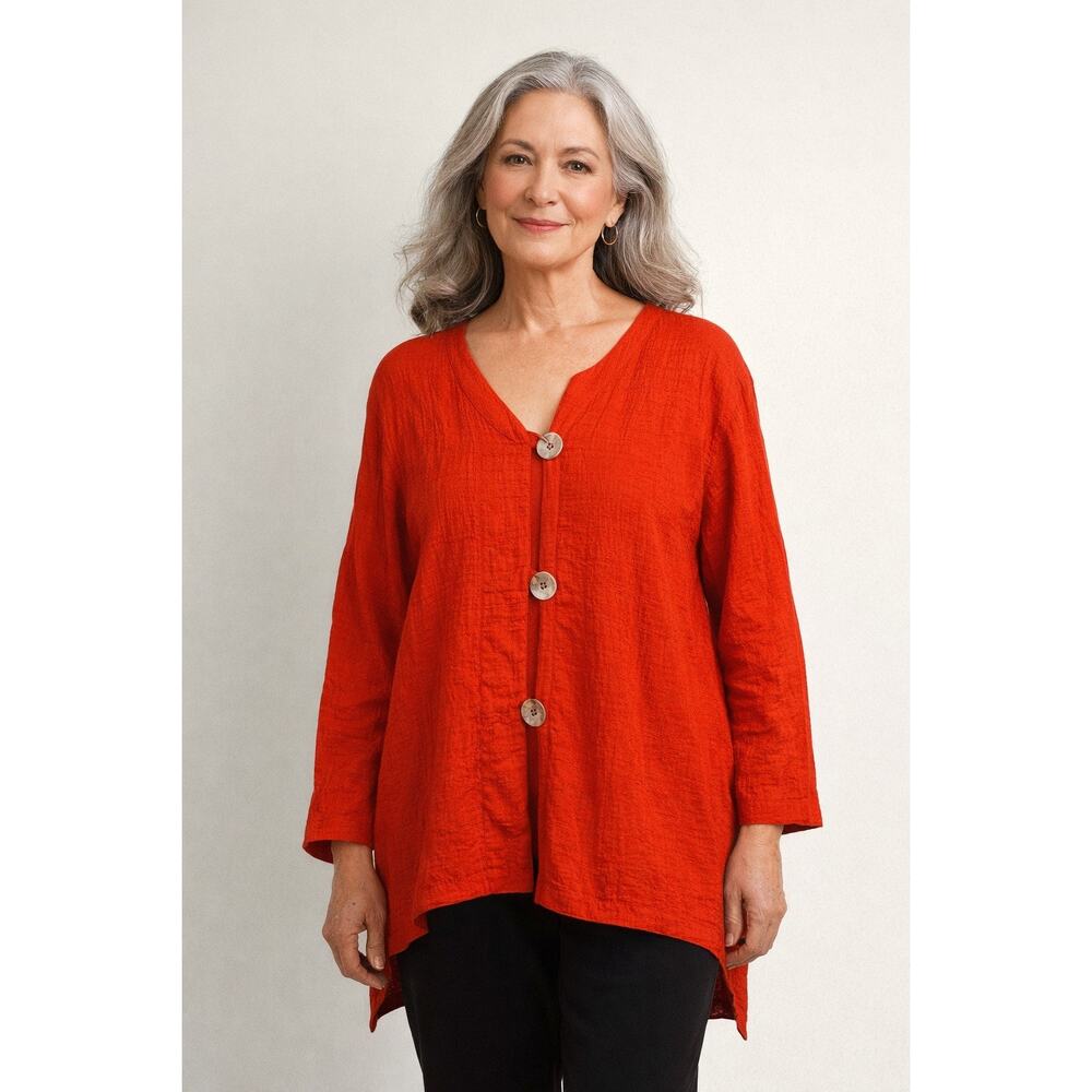Ali Miles Orange Button Front Blouse Boho Lagenlook Lightweight Womens Size XL